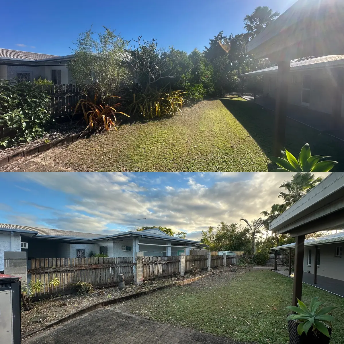 Before and after views of a Holloways Beach backyard with overgrown garden beds cleared along the fence