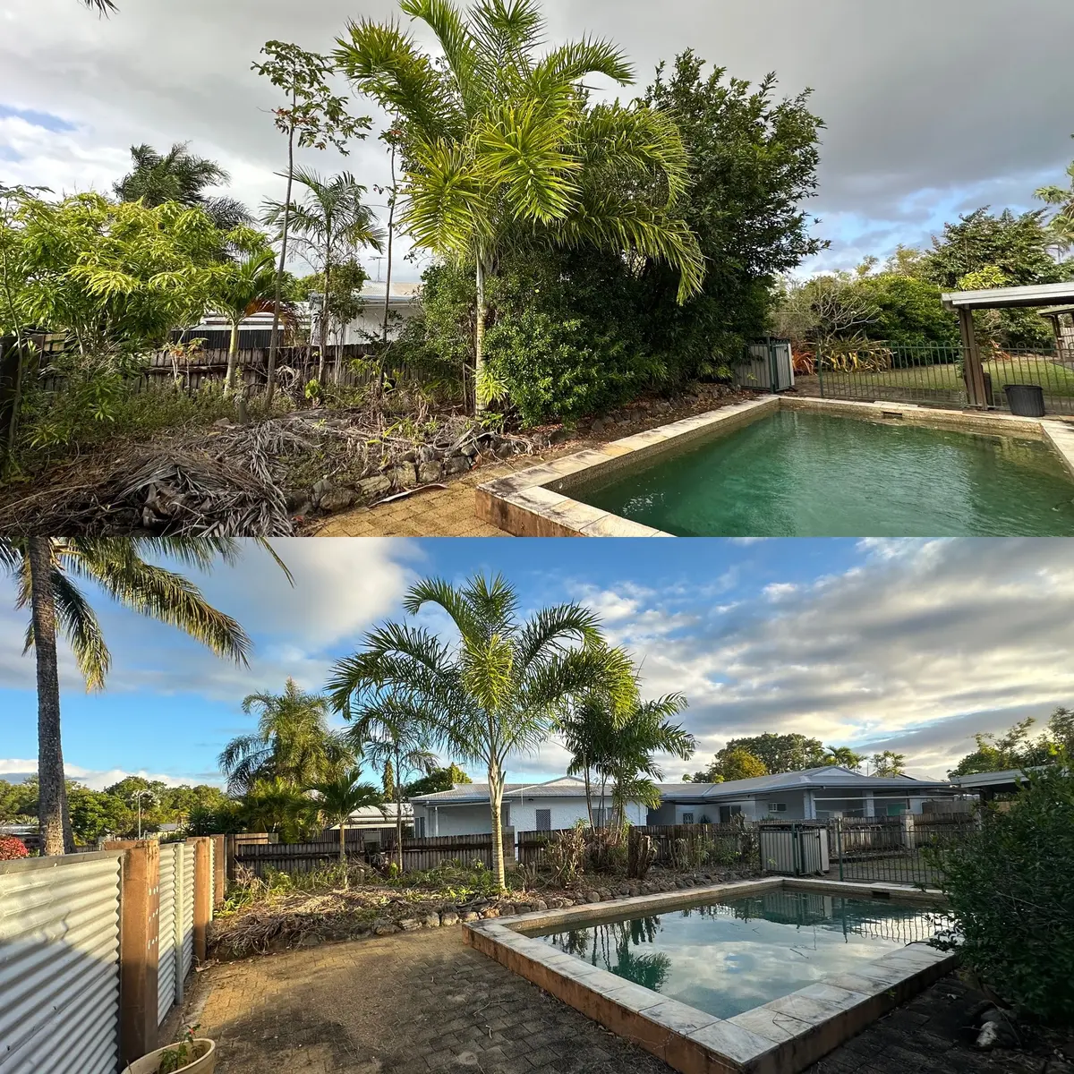 Before and after views of overgrown and then cleared garden beds beside a pool in Holloways Beach