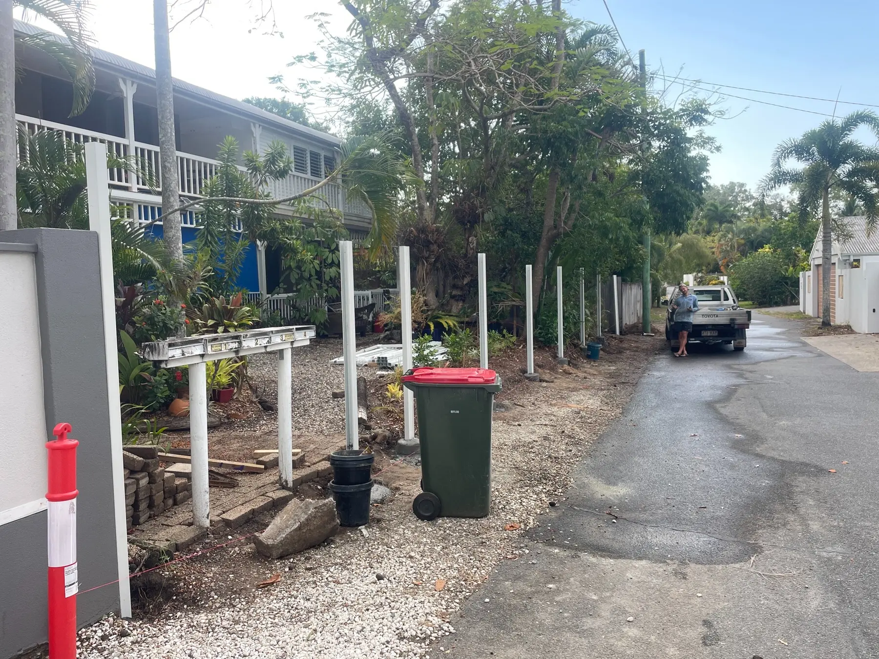 Colorbond fence posts installed during construction