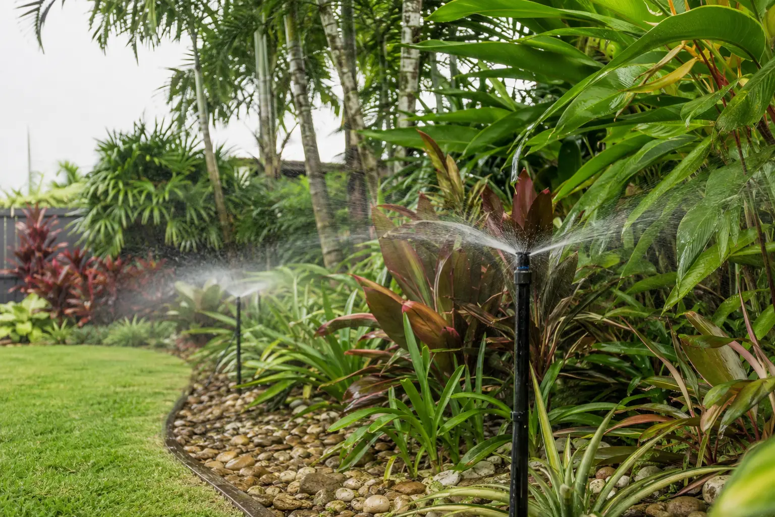 Micro-spray irrigation watering a tropical garden in Cairns